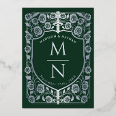 Green Sword Shield middeleeuwse monogram bruiloft Folie Uitnodiging (Achterkant)