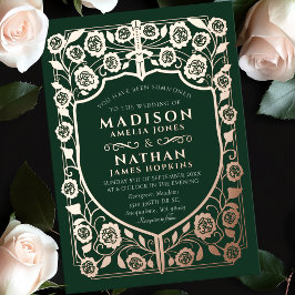 Green Sword Shield middeleeuwse monogram bruiloft Folie Uitnodiging