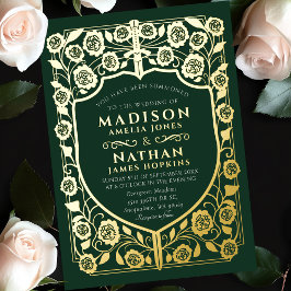 Green Sword Shield middeleeuwse monogram bruiloft Folie Uitnodiging