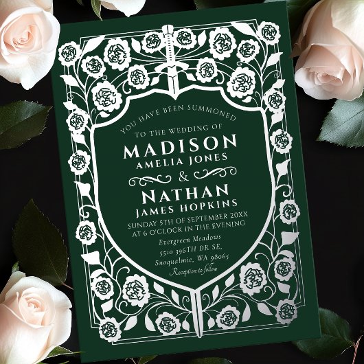 Green Sword Shield middeleeuwse monogram bruiloft Folie Uitnodiging