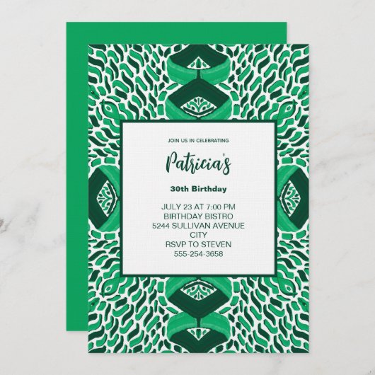 Green Symmetric Pattern Birthday Invitation Kaart (Voorkant / Achterkant)