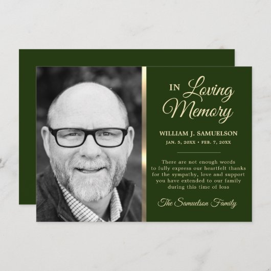 Green Sympathie Funeral Memory DANK You Photo Kaart (Voorkant / Achterkant)