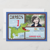 Green T-Rex Dinosaur First Birthday Invite Kaart (Voorkant)