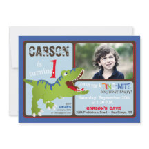 Green T-Rex Dinosaur First Birthday Invite