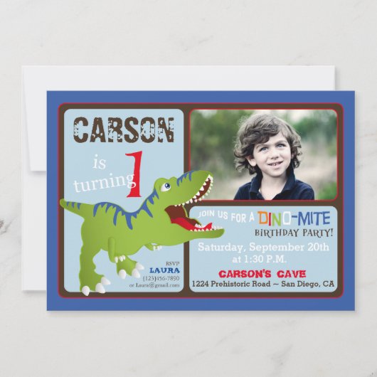 Green T-Rex Dinosaur First Birthday Invite Kaart (Voorkant)