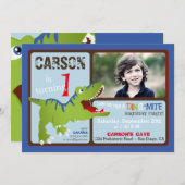 Green T-Rex Dinosaur First Birthday Invite Kaart (Voorkant / Achterkant)