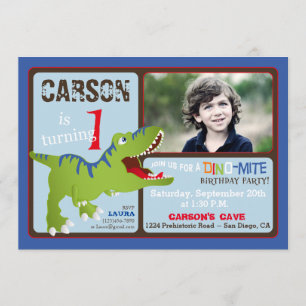 Green T-Rex Dinosaur First Birthday Invite Kaart