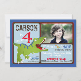 Green T-Rex Dinosaur Fourth Birthday Invite Kaart