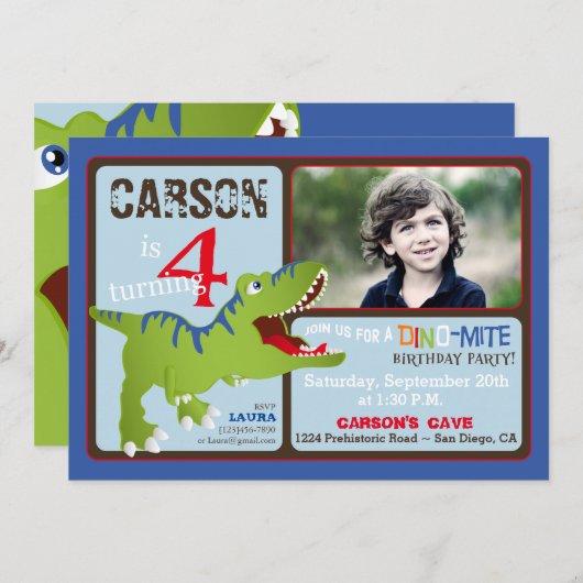 Green T-Rex Dinosaur Fourth Birthday Invite Kaart (Voorkant / Achterkant)