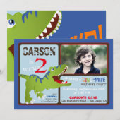 Green T-Rex Dinosaur Second Birthday Invite Kaart (Voorkant / Achterkant)