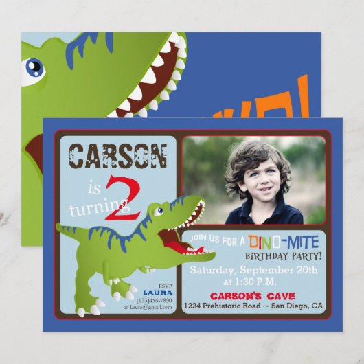 Green T-Rex Dinosaur Second Birthday Invite Kaart (Voorkant / Achterkant)