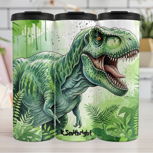 Green T-Rex Jungle Watercolor Roar Thermosbeker