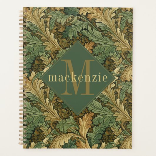 Green Tan Foliage William Morris Elegant Monogram Planner (Voorkant)