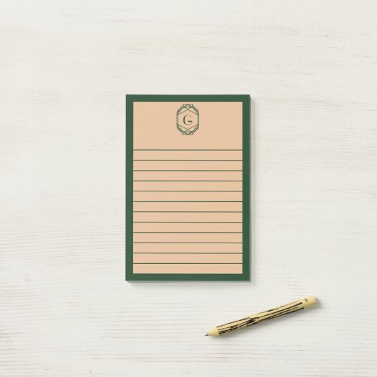 Green & Tan Geometric Art Deco Monogram Lined Post-it® Notes (Op bureau)