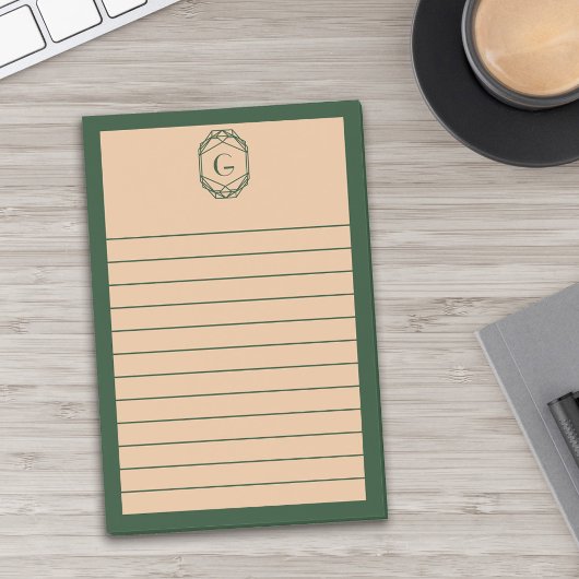 Green & Tan Geometric Art Deco Monogram Lined Post-it® Notes