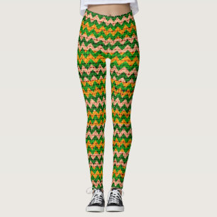 Green Tan Yellow Chevron Pattern Burlap Kijk Leggings