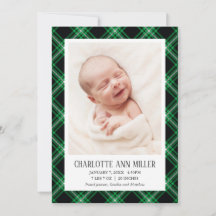 Green Tartan Baby Birth Notice Photo Card