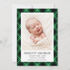 Green Tartan Baby Birth Notice Photo Card Aankondiging