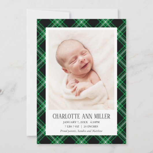 Green Tartan Baby Birth Notice Photo Card Aankondiging (Voorkant)