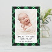 Green Tartan Baby Birth Notice Photo Card Aankondiging (Staand voorkant)