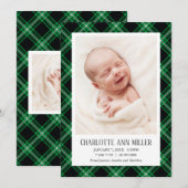 Green Tartan Baby Birth Notice Photo Card Aankondiging (Voorkant / Achterkant)