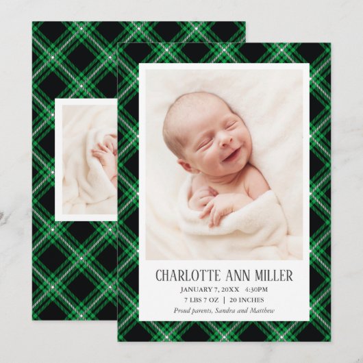 Green Tartan Baby Birth Notice Photo Card Aankondiging (Voorkant / Achterkant)