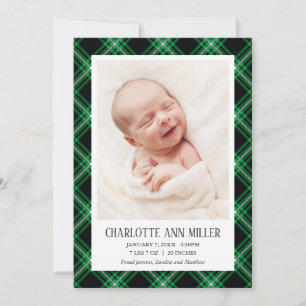Green Tartan Baby Birth Notice Photo Card Aankondiging