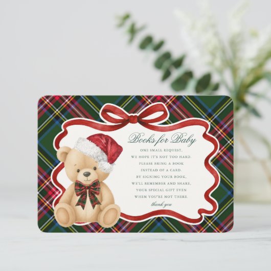 Green Tartan Christmas Bear Books for Baby Card Informatiekaartje (Staand voorkant)