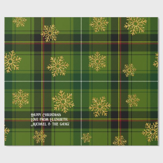Green Tartan Gold Snowflake Personalized Christmas Cadeaupapier (Vlak)