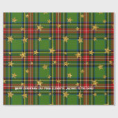 Green Tartan Gold Star Personalized Christmas Cadeaupapier (Vlak)