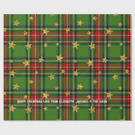 Green Tartan Gold Star Personalized Christmas Cadeaupapier