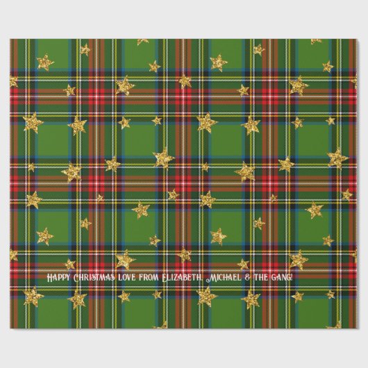Green Tartan Gold Star Personalized Christmas Cadeaupapier (Vlak)