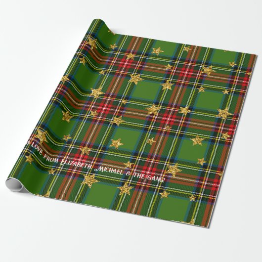 Green Tartan Gold Star Personalized Christmas Cadeaupapier (Uitgerold)