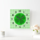 Green Tartan Pattern en Clover Lucky Vierkante Klok (Huis)
