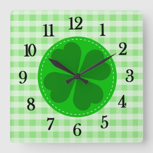 Green Tartan Pattern en Clover Lucky Vierkante Klok (Voorkant)
