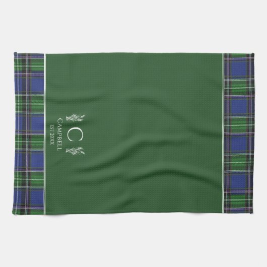 Green Tartan Plaid Aangepaste naam Monogram Theedoek (Horizontaal)