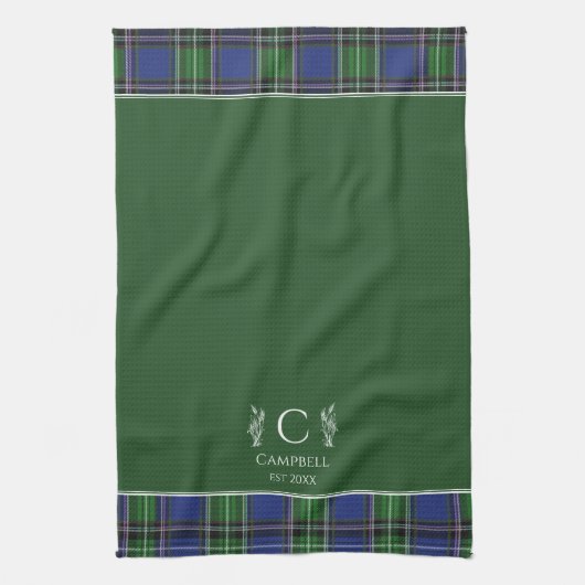 Green Tartan Plaid Aangepaste naam Monogram Theedoek (Verticaal)