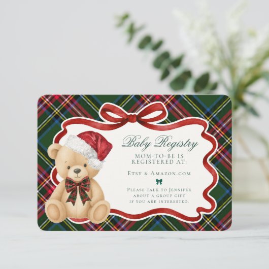 Green Tartan Plaid Christmas Bear Baby Registry Informatiekaartje (Staand voorkant)