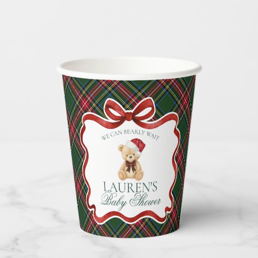 Green Tartan Plaid Christmas Bear Baby Shower Papieren Bekers (Achterkant)