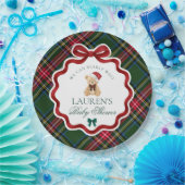 Green Tartan Plaid Christmas Bear Baby Shower  Papieren Bordje (Feest)
