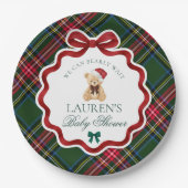 Green Tartan Plaid Christmas Bear Baby Shower  Papieren Bordje (Voorkant)