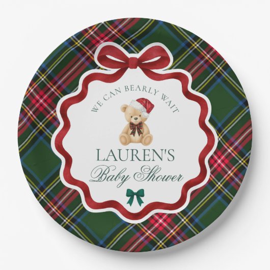 Green Tartan Plaid Christmas Bear Baby Shower  Papieren Bordje (Voorkant)