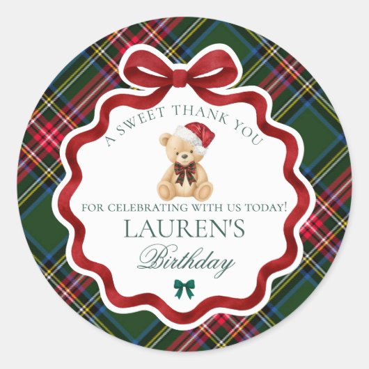 Green Tartan Plaid Christmas Bear Birthday Favor Ronde Sticker (Voorkant)