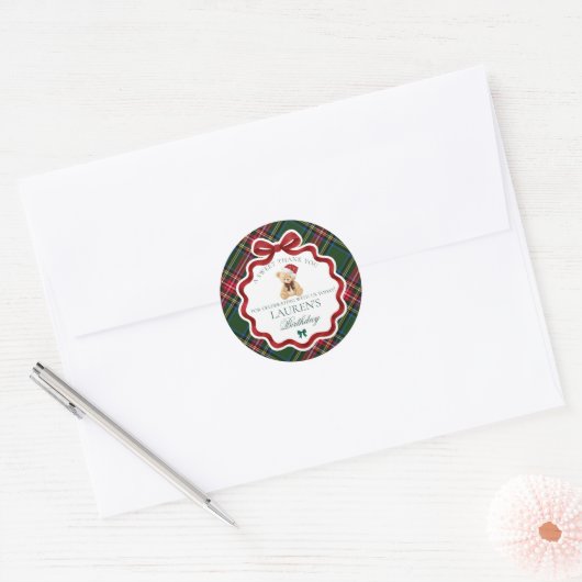 Green Tartan Plaid Christmas Bear Birthday Favor Ronde Sticker (Envelop)