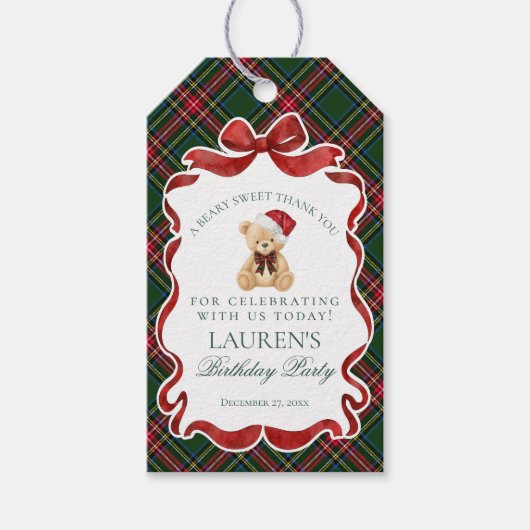 Green Tartan Plaid Christmas Bear Birthday Favors Cadeaulabel (Voorkant)
