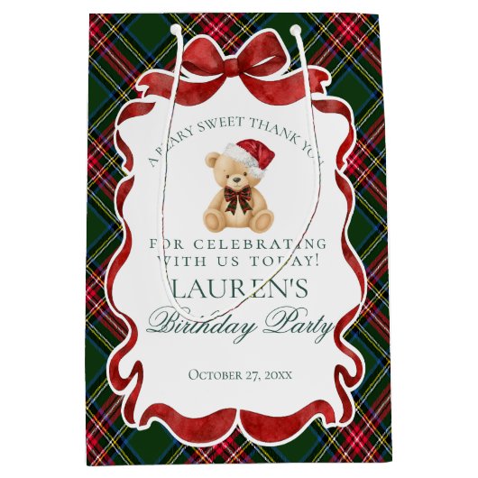 Green Tartan Plaid Christmas Bear Birthday Favors Medium Cadeauzakje (Voorkant)