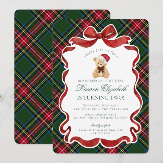 Green Tartan Plaid Christmas Bear Birthday Kaart (Voorkant / Achterkant)