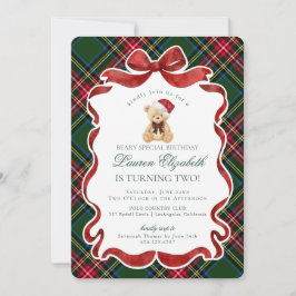 Green Tartan Plaid Christmas Bear Birthday Kaart
