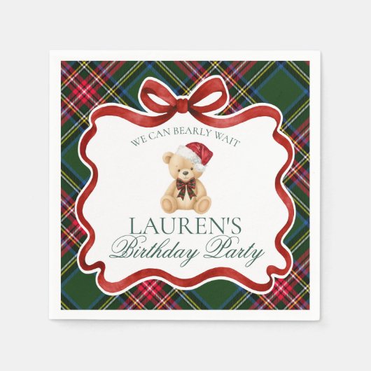 Green Tartan Plaid Christmas Bear Birthday Party Servet (Voorkant)