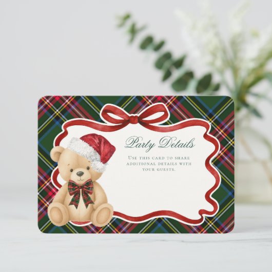 Green Tartan Plaid Christmas Bear Details Informatiekaartje (Staand voorkant)